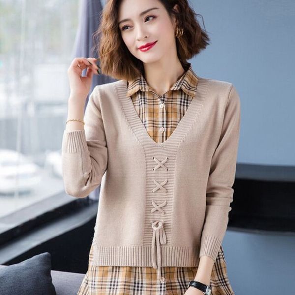 

cexlb autumn женщин свитер новый воротник рубашки поддельные два sladies носить свитер рубашка sweaterloose моды плед 2020 uvnxa, White;black