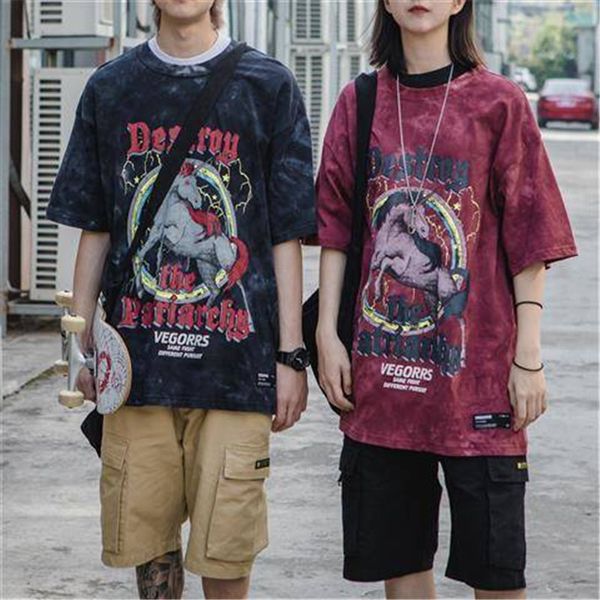 

men tie-dyed t shirt couple high street hip hop tshirt streetwear mens fashion half sleeve loose japan unicorn t shirt males, White;black