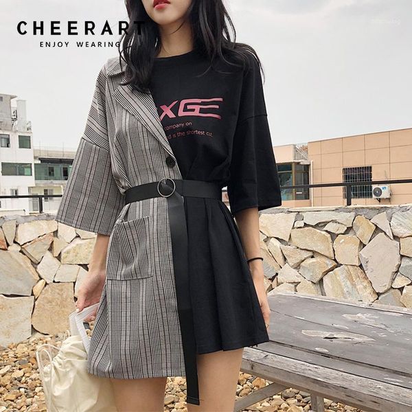 

cheerart streetwear splice t shirt dress women summer lace up fashion dress letter print designer mini 2020 clothes1, Black;gray