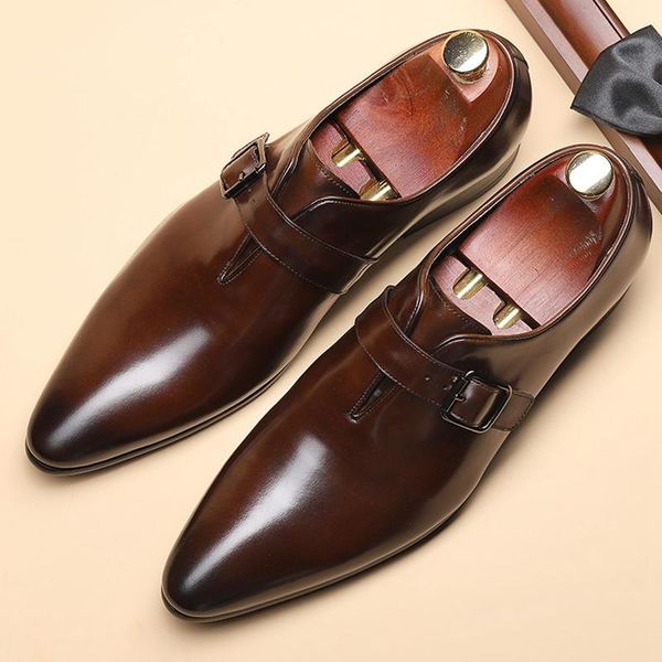

new italian man formal dress monk strap shoes genuine leather wedding party oxfords pointed toe men's welted office flats dx175, Black