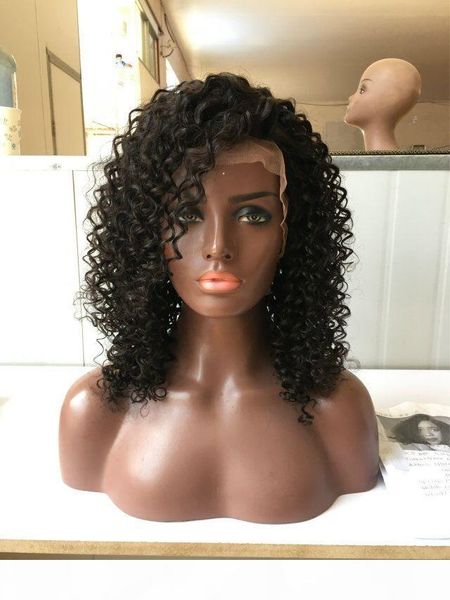 

kinky curly full lace wig 130% density glueless brazilian human hair lace front wigs for black women, Black;brown