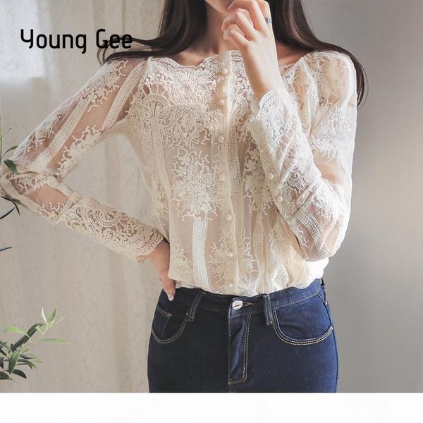 

young gee spring summer women slash floral embroidery blouses single breasted lace long sleeve organza shirts blusa, White