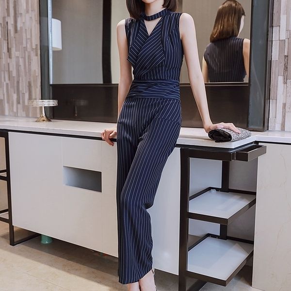 

women sleeveless elegant office lady striped romper jumpsuit y200904, Black;white