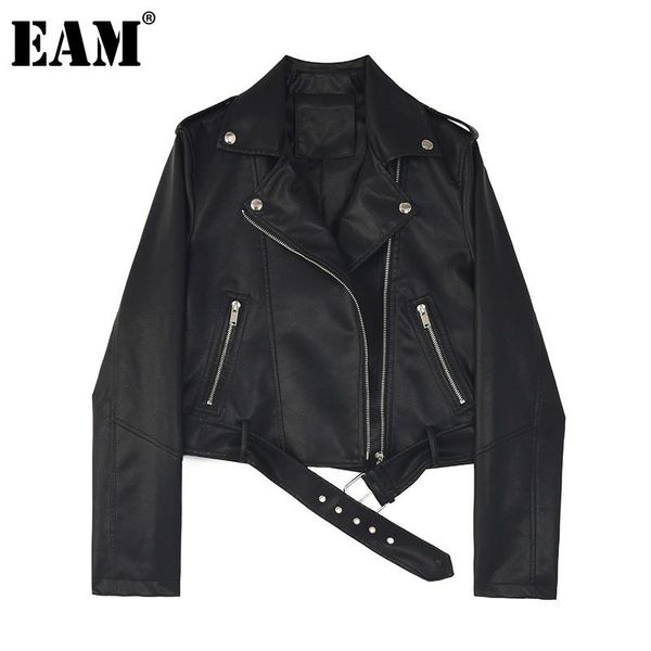 

eam] loose fit black pu leather belt short jacket new lapel long sleeve women coat fashion tide spring autumn 2020 1z558, Black;brown