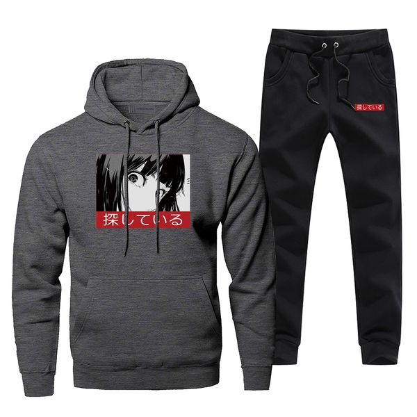

new winter bodywarmer hoodies sweatshirts sad japanese anime aesthetic men's sets fashion harajuku casual complete man tracksuit, Gray