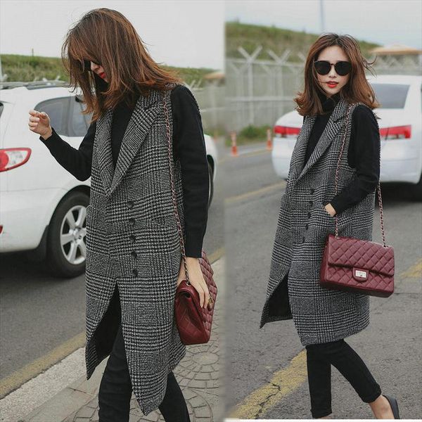 

fashion vest female autumn and winter long plaid new korean temperament sleeveless woolen blazer jacket waistcoat outwear f2144, Black;white