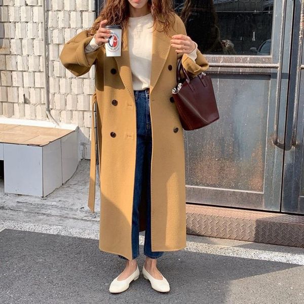 

new south korean handmade double sided cashmere coat women's double breasted long woolen coat s10, Black