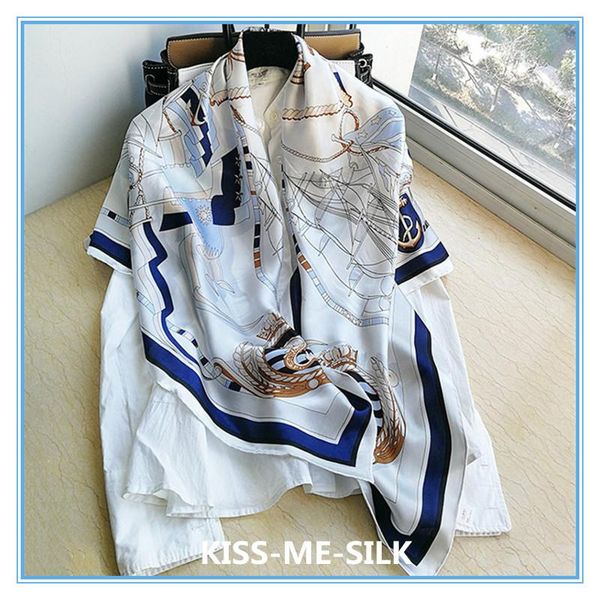 

kms pure silk nautical sailing scarf silk women's scarf large square 110*110cm/40g, Blue;gray