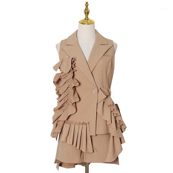 

ewq] 2021 fashion spring new elegant patchwork ruffle set women lapel sleeveless coat wide leg short casual khaki suit female1, Gray