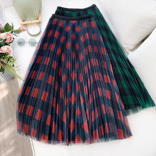 

spring and summer womens plaid mesh skirt high waist pleated skirt sweet puffy swing women gd320, Black