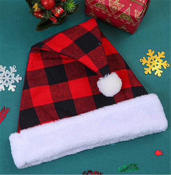 

white fleece fur bordered buffalo plaid plush santa clause cap red black plaids christmas pom beanies xmas party headwear ly10292