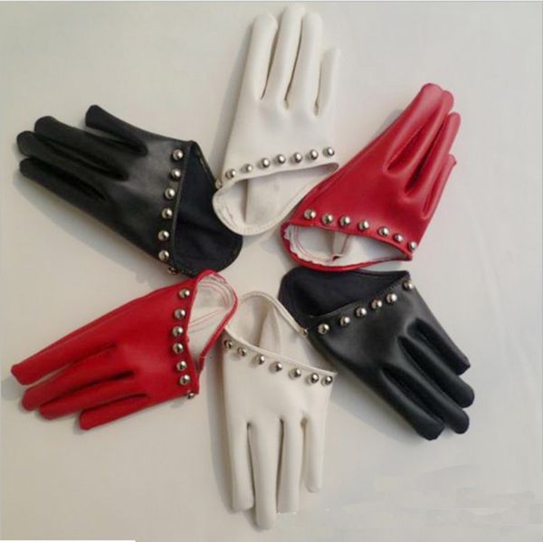 

quality fashion rivet gulps half palm pu good leather gloves women's club dance party glove white black red color