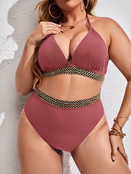 

plus stitch detail halter triangle bikini swimsuit x8cc#, Black