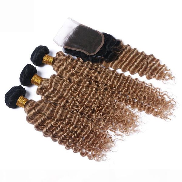 

deep wave 1b 27 honey blonde 2tone ombre 4x4 lace front closure with 3bundles dark root strawberry blonde ombre brazilian human hair wefts, Black
