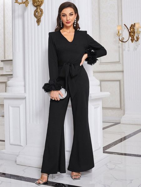 

flounce sleeve flare leg belted jumpsuit l8qm#, White