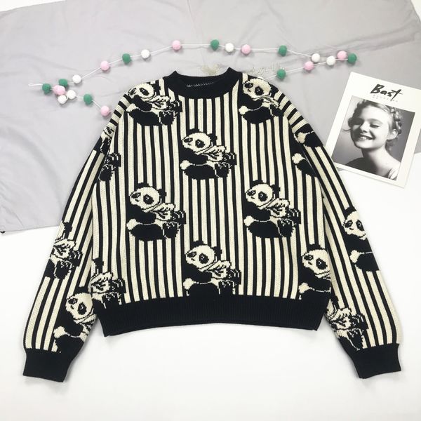

the wave of thick pullovers with black pullover pullover and white striped panda illustrations in harajuku 01due, White;black