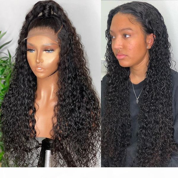 

deep wave curly 4x4 closure lace front human hair wigs brazilian water curly remy long frontal wigs for black women, Black;brown