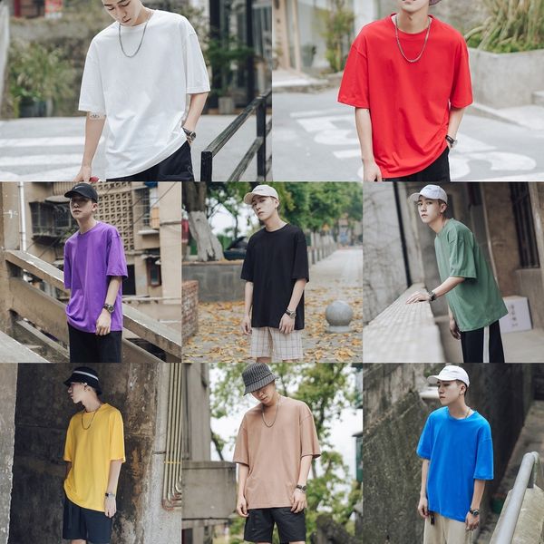 

new summer 2019 solid coat color t-shirt round neck loose short sleeve t-shirt men's half sleeve fashion t-shirtshoulder cfsxd cfsxd, Blue