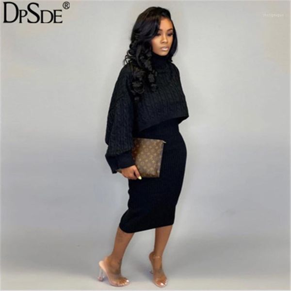 

dpsde winter sweater black loose two pieces women set full sleeve hight collar casual new 2019 orange vocation bodycon dress1, White