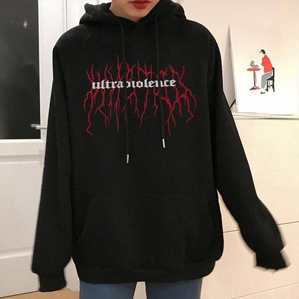 

ulzzang bf gothic letter casual winter vintage fashion punk plus size loose plus velvet couple female fun ins hooded sweatshirt, Black
