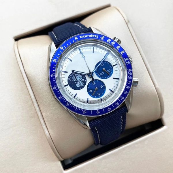 

Blue Watch Quartz Fuction Movement Snoopy Full OS Leather White Dial Band Men Style New Chronograph Rengm, Slivery;brown