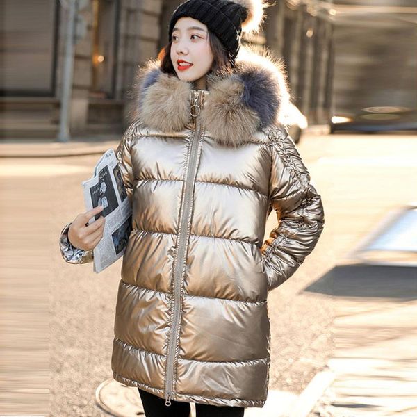

hooded big fur collar parka slim long pedded jacket 2020 new winter glossy women cotton coat thick loose warm outerwear bc21, Black