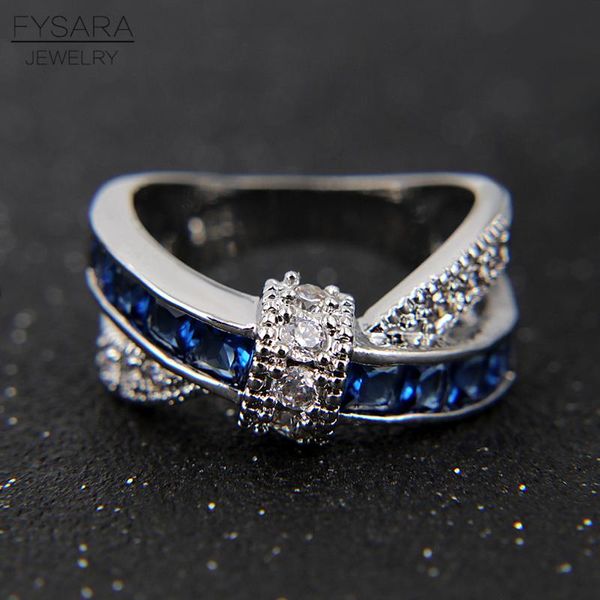 

fysara крест палец кольцо для женщин асфальтовая циркон синий кристаллы luxury princess lady обручальное обручальное кольцо пара ювелирных и, Silver