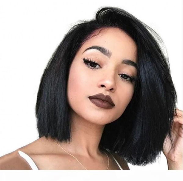 

human hair straight wigs pre plucked hairline short brazilian hair part bob lace front wig full lace wig, Black;brown