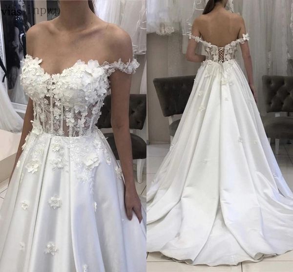 

2021 3d floral applique wedding dresses illusion off the shoulder satin sweep train flowers custom made wedding gown robe de mariee, White