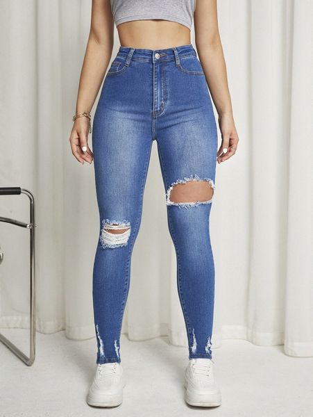 

high waisted ripped skinny jeans f68l#, Blue
