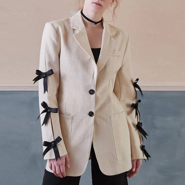 

autumn new fashion runway designer 2021 office women notched full sleeve solid color single breasted blazer bow outerwear, White;black