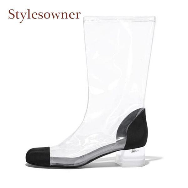 

stylesowner transparent pvc patchwork women boots roune toe clear crystal heel long boots fashion lady street runway shoes, Black