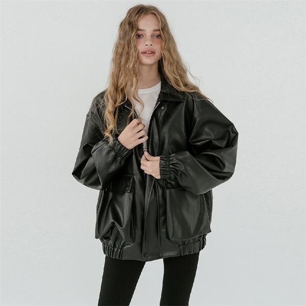 

lautaro oversized leather jacket women long sleeve zipper turn down collar loose black plus size faux leather jackets for women 201223