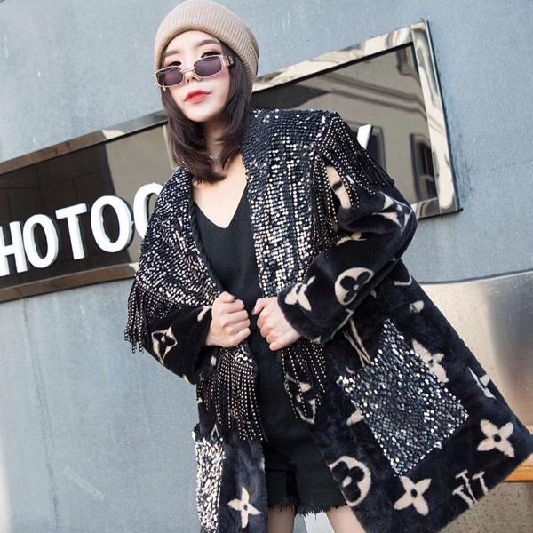 

europe 2020 winter new rabbit hair tassel heavy craft sequined long-sleeved coat korean loose-fitting slimmer coat, Black