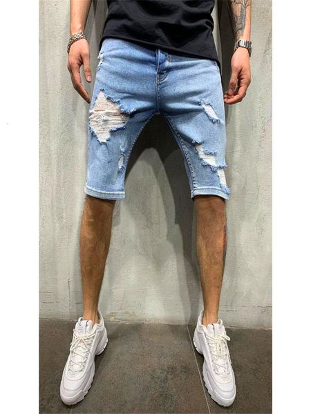 

2021 new summer business fashion casual pants slim black skinny jeans short men's tear print denim shorts 6c1v, Blue