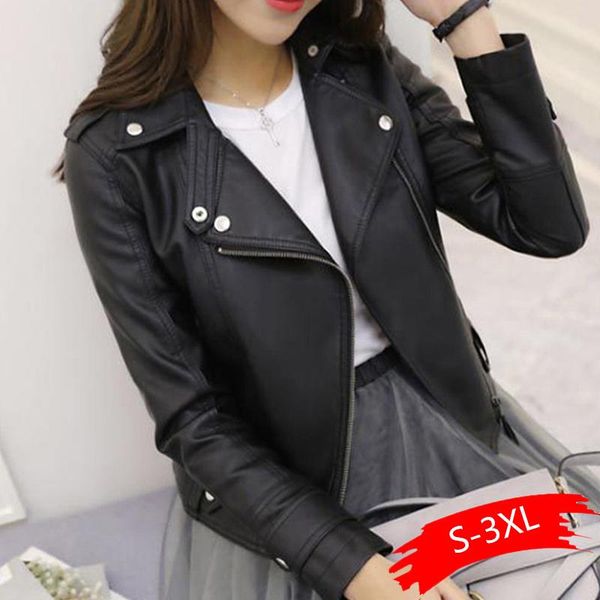

women's fur & faux fashion plus size women slim fitness autumn pu leather jacket turn-down collar female outwear coat 2021, Black