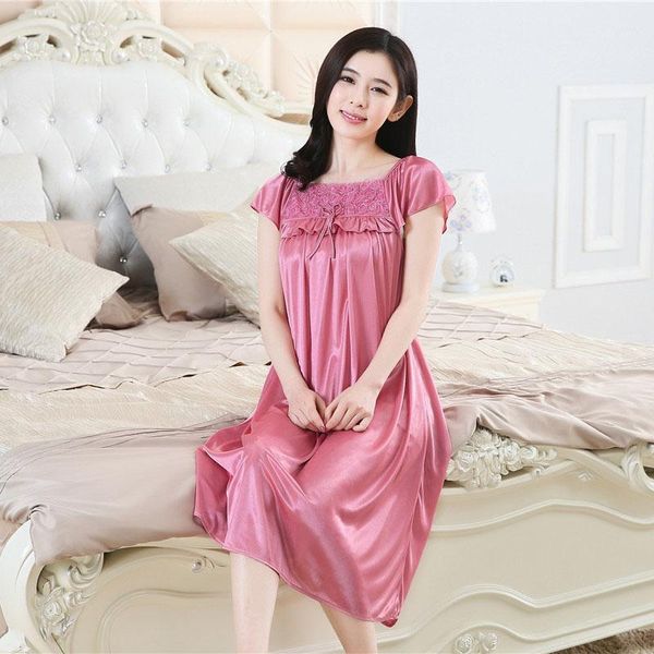 

yinsilaibei rose women's sleepwear plus size ice silk satin night dress nightgown female lingerie dress nightwear #301, Black;red