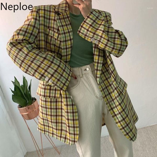 

women's suits & blazers neploe spring long sleeve bandage plaid blazer single breasted pockets loose coat women vintage style personali, White;black
