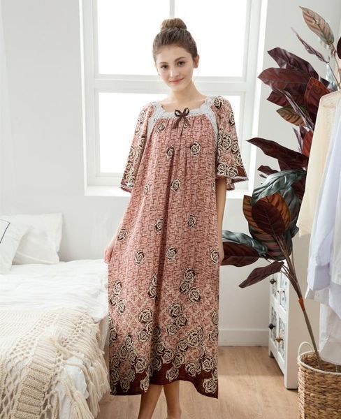 

2020 women short sleeve nightgown print flower long night dress sleepwear loose lace cotton lingerie nighty gown xl1, Black;red