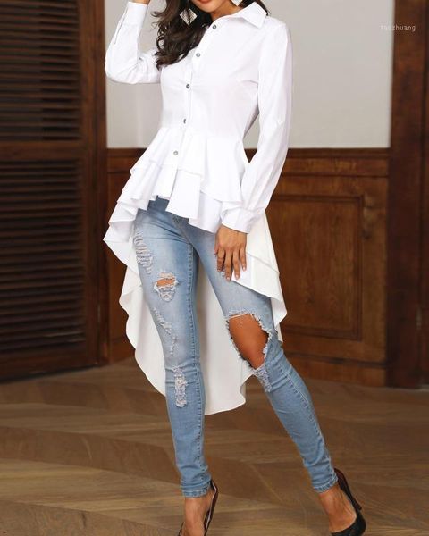 

fashion layered flounced dip hem solid turn-down collar white shirt casual asymmetrical blouse women elegant office work1