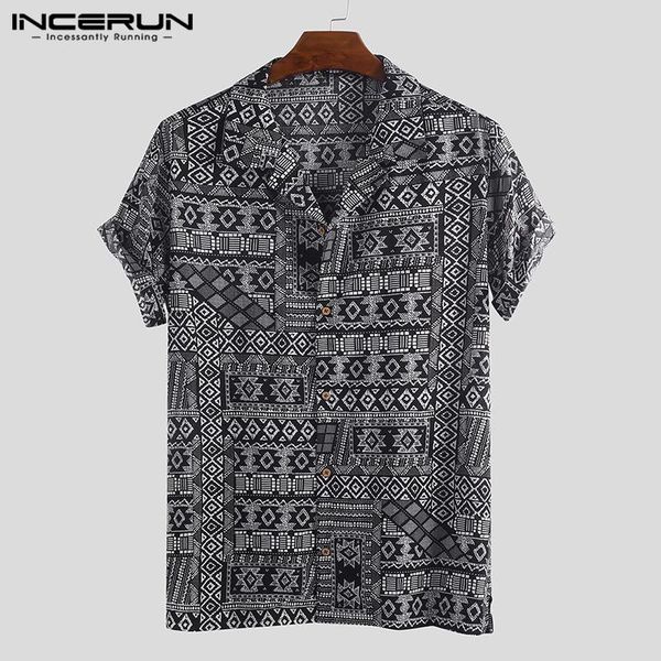 

men's casual shirts vintage men printed shirt ethnic cotton lapel 2021 short sleeve streetwear hawaiian button summer camisas incerun, White;black