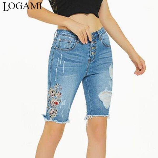 

logami knee length embroidery ripped jeans woman destroyed biker shorts summer midi pencil denim jeans1, Blue