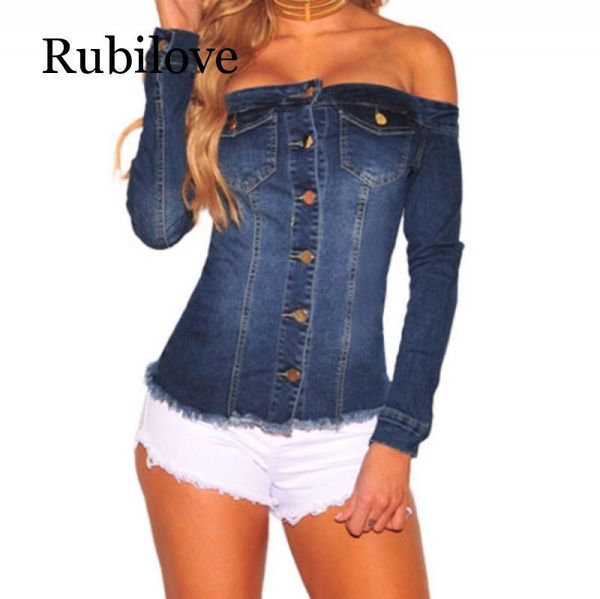 

women's jackets rubilove single breasted slash neck denim off shoulder long sleeve straight outer coat lady classic wears, Black;brown