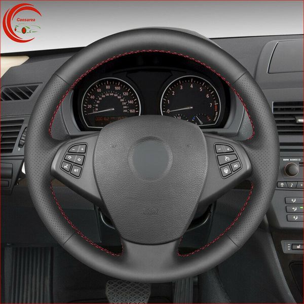 

hand-stitch black leather red thread car steering wheel cover for bmw x3 e83