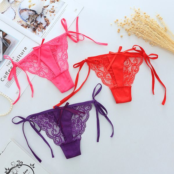 

women's fashion cotton lace female t-back strap briefs girls tanga thongs comfortable lingerie underwear, Black;pink