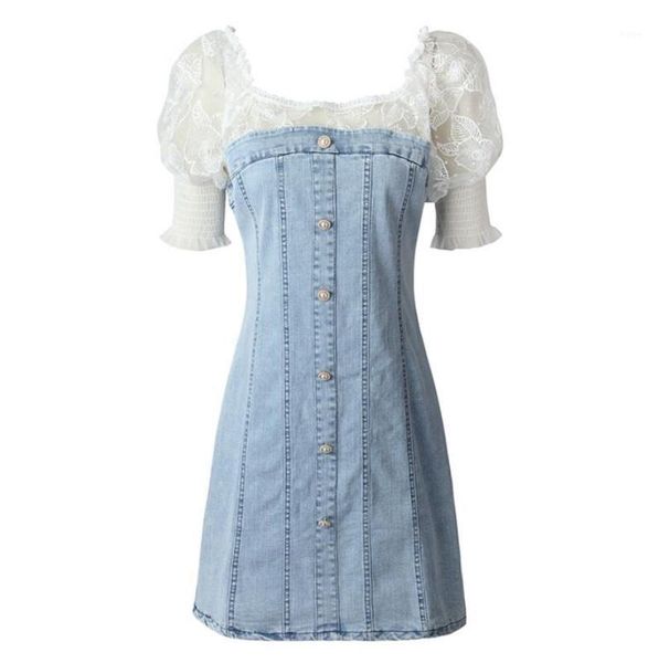 

new summer fashion mesh stitching denim dress women square collar puff sleeve slim mini dress vestidos r12721, Black;gray