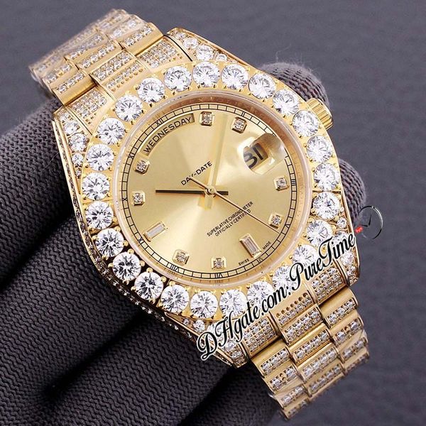 

2021 day date big diamond bezel yg green champagn dial automatic mens watch simulated diamond bracelet hip hop bling jewelry puretime d04, Slivery;brown