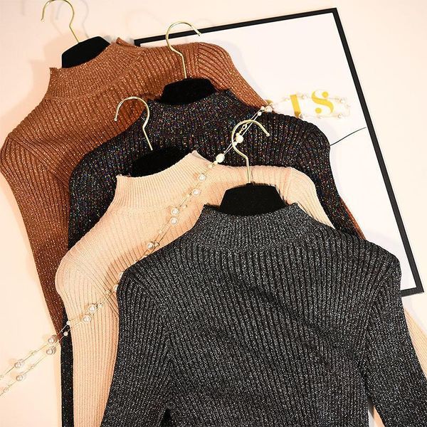 

glitter autumn sweater women turtleneck korean long sleeve slim knit pullover silver bodycon basic shirt female1, White;black