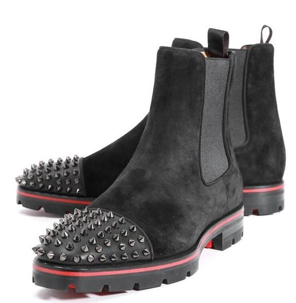 

elegant man ankle boot suede leather lug sole men red bottom oxfords famous winter party wedding fashion booties perfect melon motorcycle, Black