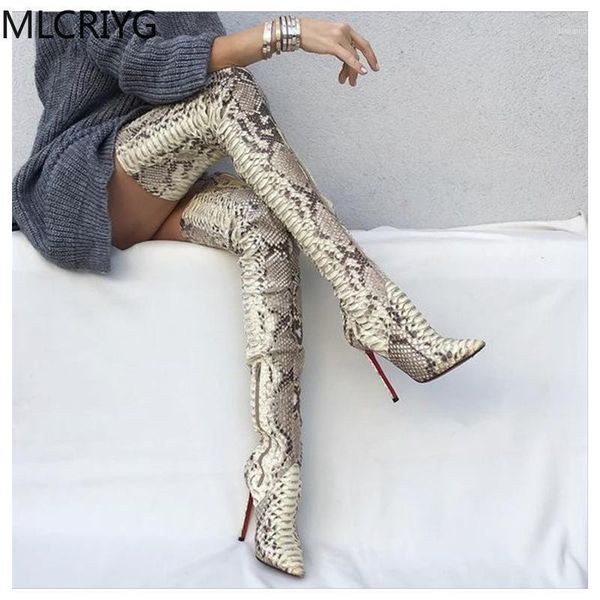 

2020 new high-heeled boots knee boots snake pattern pointed nightclub women's thigh high1, Black